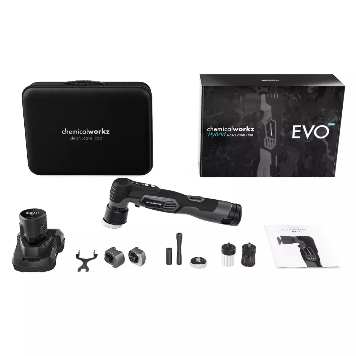 chemicalworkz EVO Mini Akku Hybrid Exzenter Poliermaschine mit 3 mm und 12 mm Hub, Akkus, Ladegerät und Hardcase für präzise Fahrzeugpflege